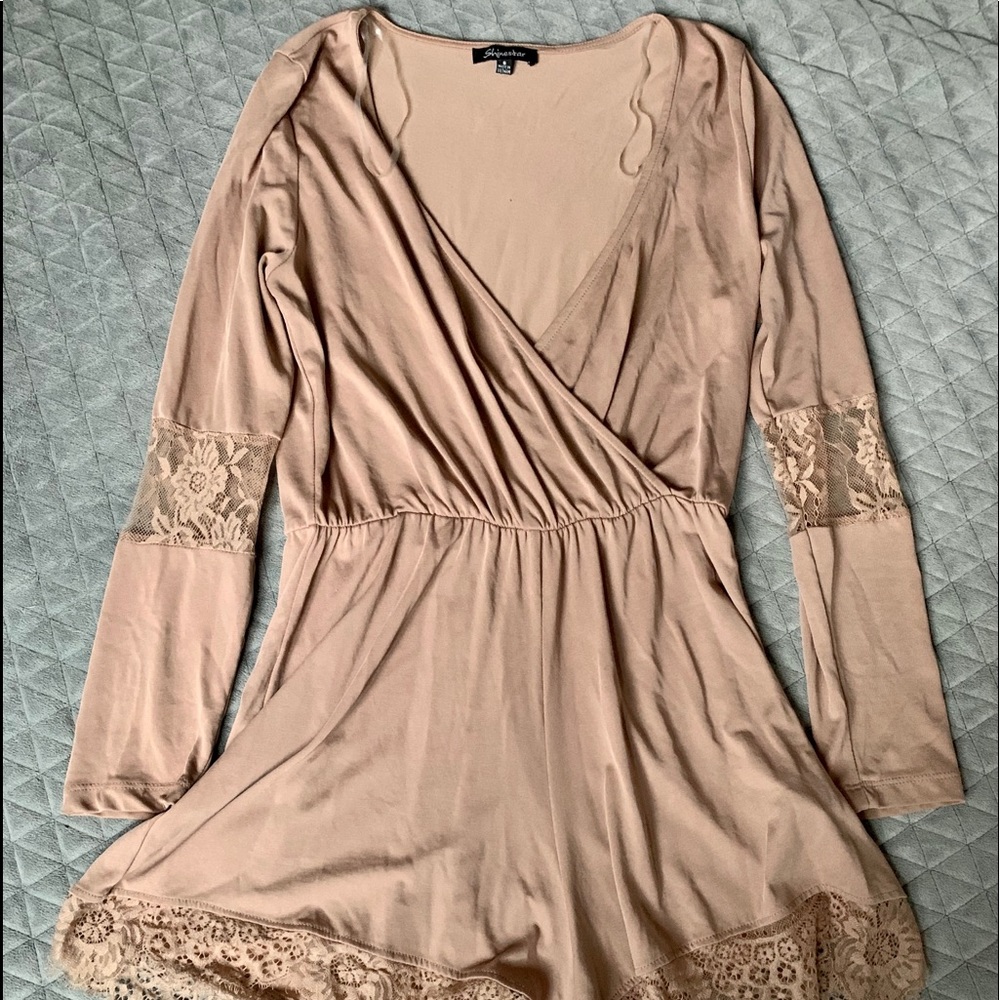 Tan Low Cut Lace Romper